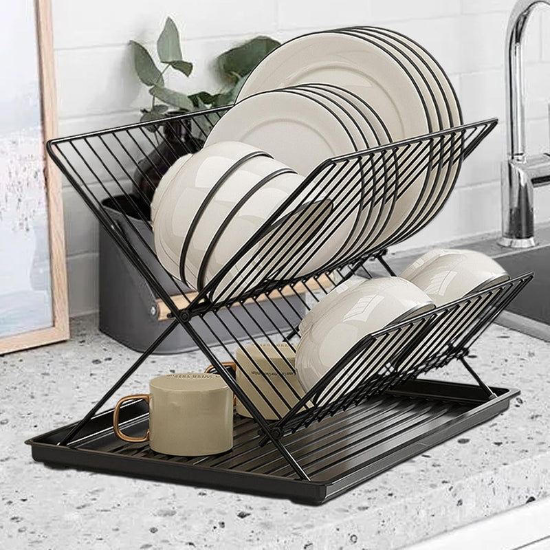 Folding Dish Drying Rack – 2-Tier Countertop Drainer with Detachable Tray – Kelvra