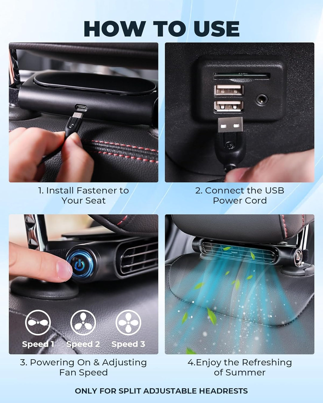 3 Speeds USB Car Cooling Fan & Headrest Mount – AutoBreeze (1+1 FREE)