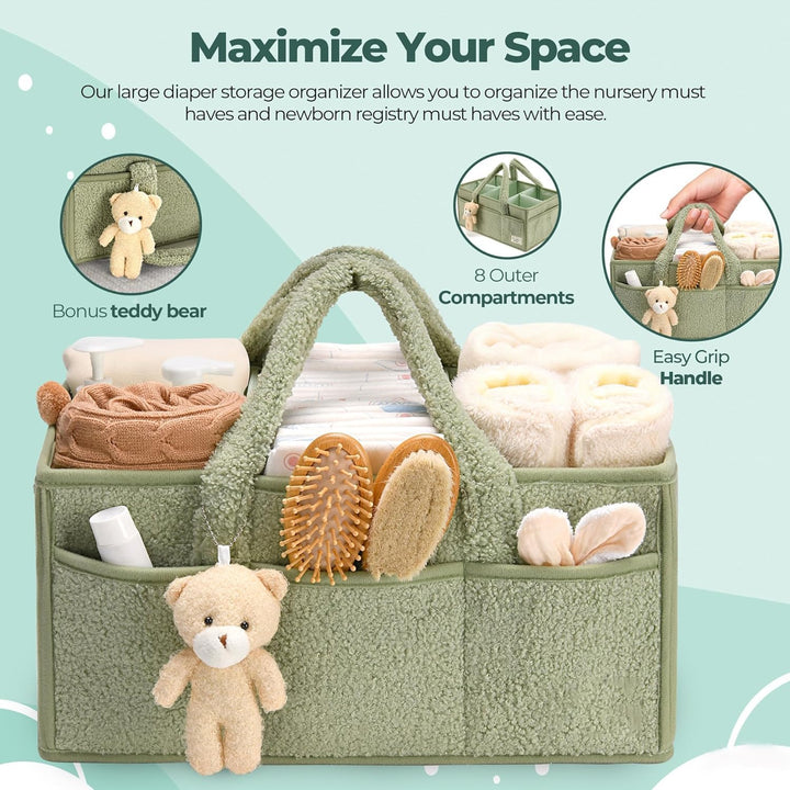 Baby Nappy Caddy Organizer – Plush Sherpa Storage Basket with Compartments – Elvoria