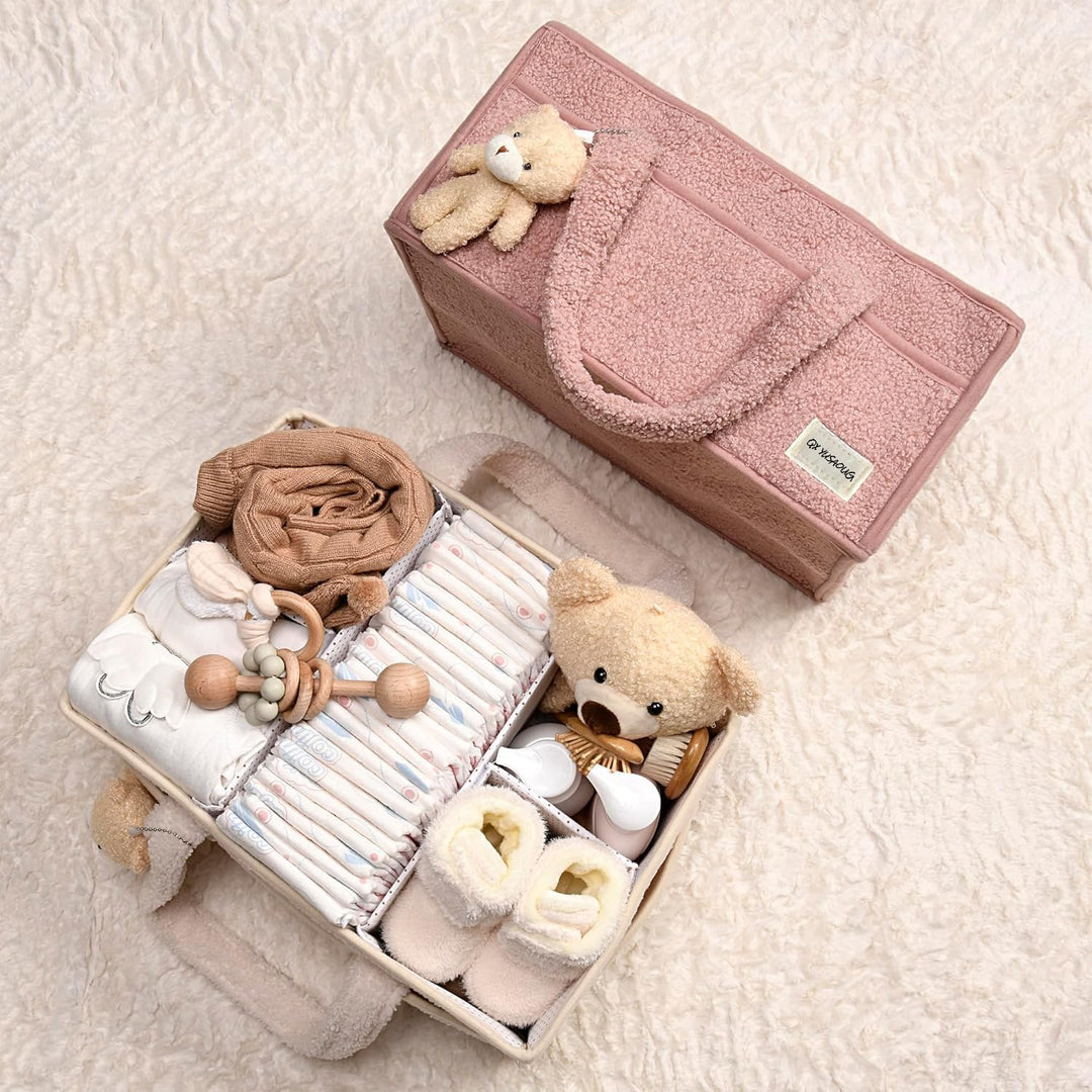 Baby Nappy Caddy Organizer – Plush Sherpa Storage Basket with Compartments – Elvoria