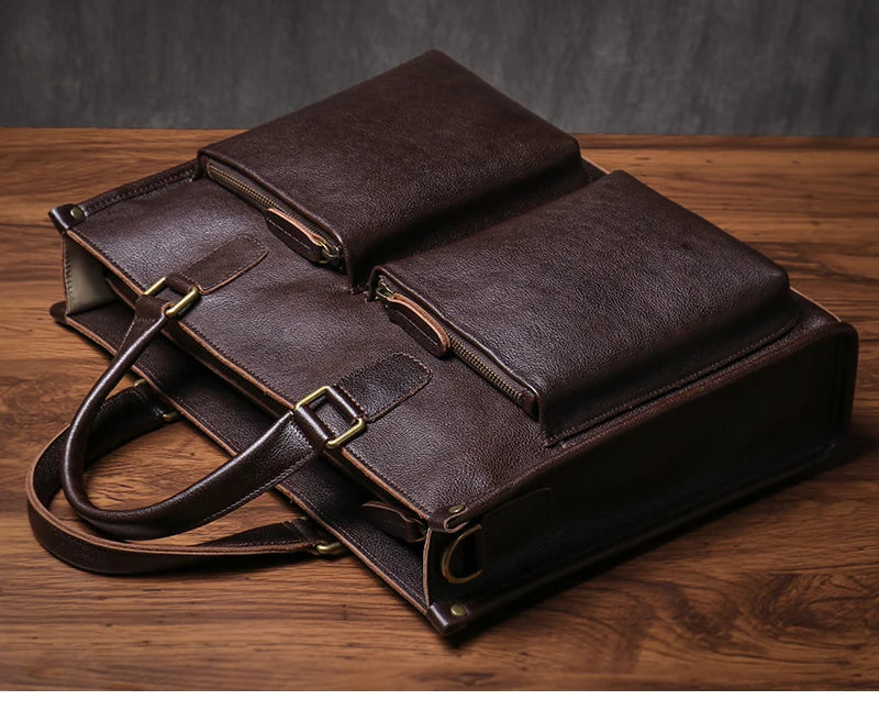 Genuine Leather Executive Laptop Briefcase with Shoulder Strap