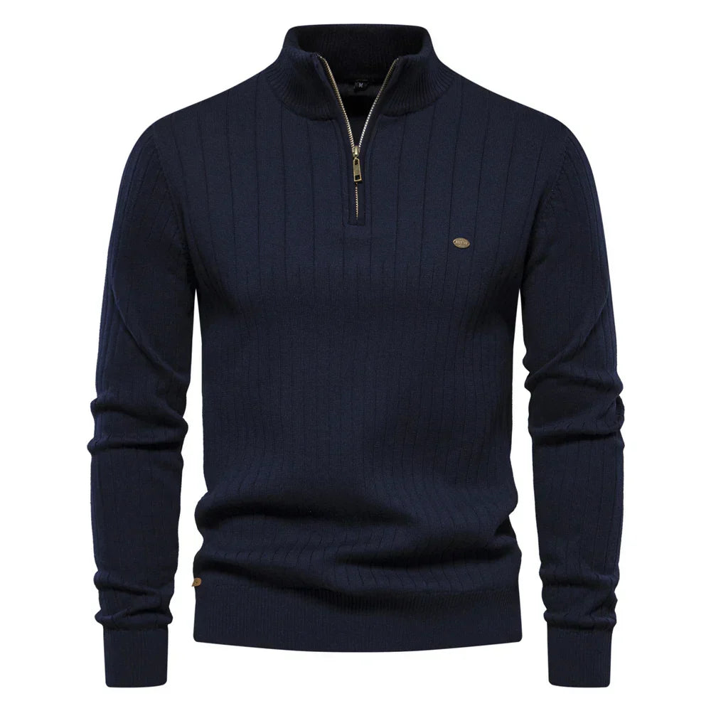 Men's cotton knit sweater with zipper & stand-up collar – Ardel