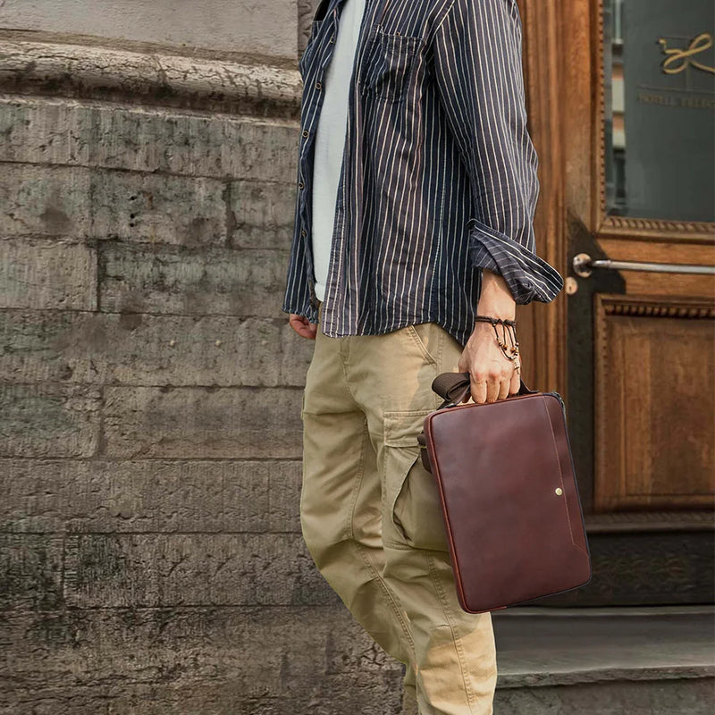 Men’s Genuine Leather Laptop Briefcase with Crossbody Strap