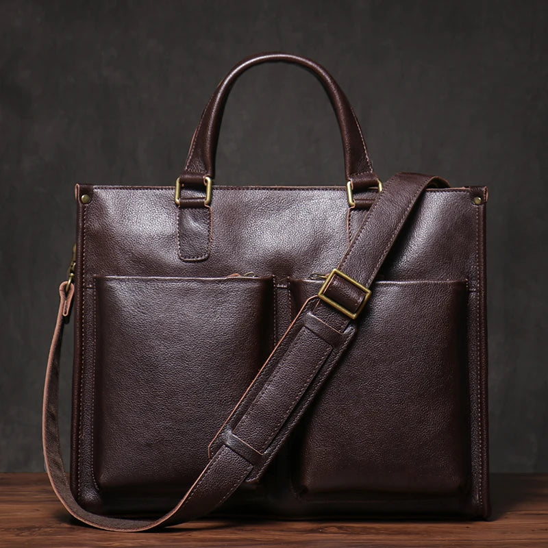 Genuine Leather Executive Laptop Briefcase with Shoulder Strap