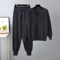 Women's Two-Piece Knit Set with V-Neck Sweater & Trousers – Noelia