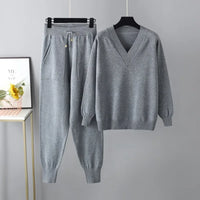 Women's Two-Piece Knit Set with V-Neck Sweater & Trousers – Noelia