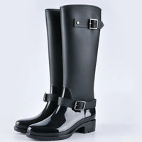 Women's waterproof knee-high rain boots with buckles & block heels – Elenya