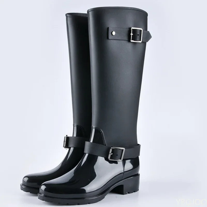 Women's waterproof knee-high rain boots with buckles & block heels – Elenya