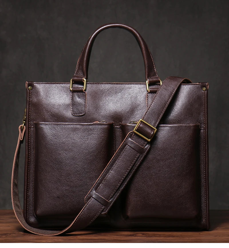 Genuine Leather Executive Laptop Briefcase with Shoulder Strap