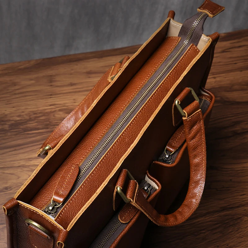 Genuine Leather Executive Laptop Briefcase with Shoulder Strap