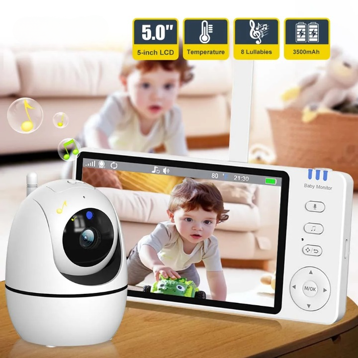 5-Inch HD Video Baby Monitor with Camera, PTZ Zoom and Night Vision