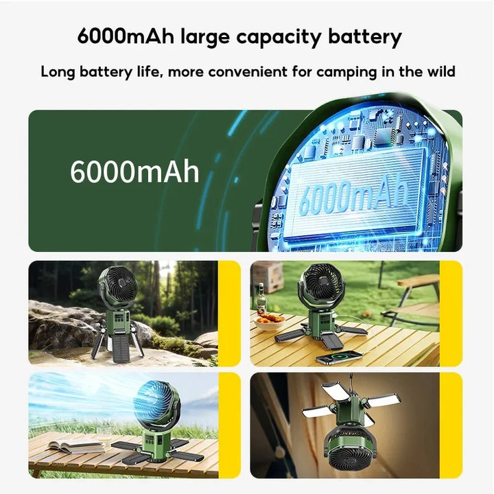 Solar Camping Fan with 6000mAh Battery, LED Light & 4-Speed Cooling – SunBreeze