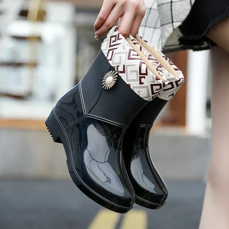 Ladies waterproof rain boots with floral detail & treaded sole – Serelina