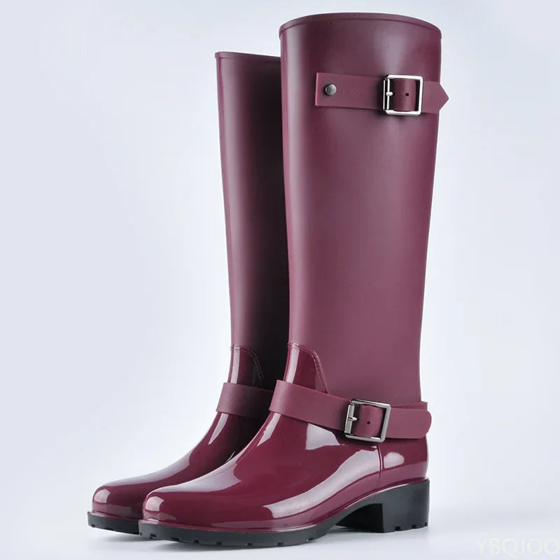 Women's waterproof knee-high rain boots with buckles & block heels – Elenya
