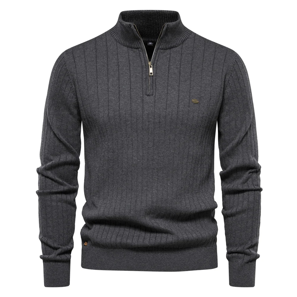 Men's cotton knit sweater with zipper & stand-up collar – Ardel