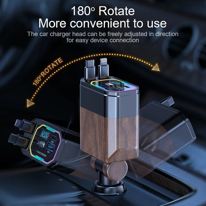 120W 4-in-1 Retractable Car Charger with USB-C & Cigarette Lighter Adapter – Vega