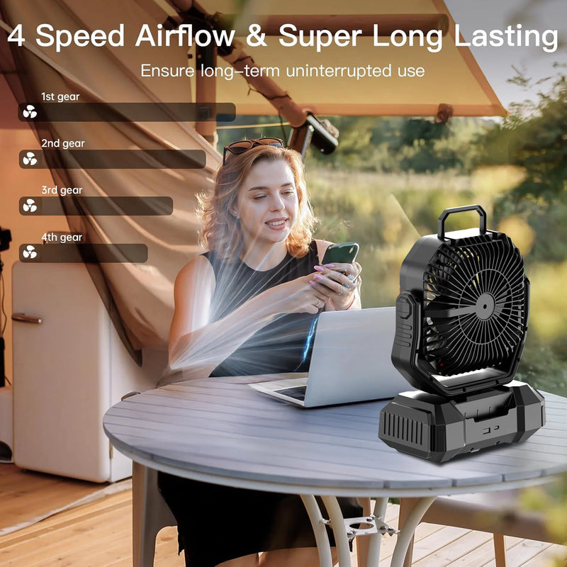 Rechargeable Camping Fan with 40000mAh Battery & LED Lantern – F22