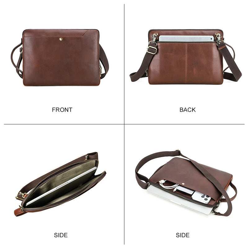 Men’s Genuine Leather Laptop Briefcase with Crossbody Strap