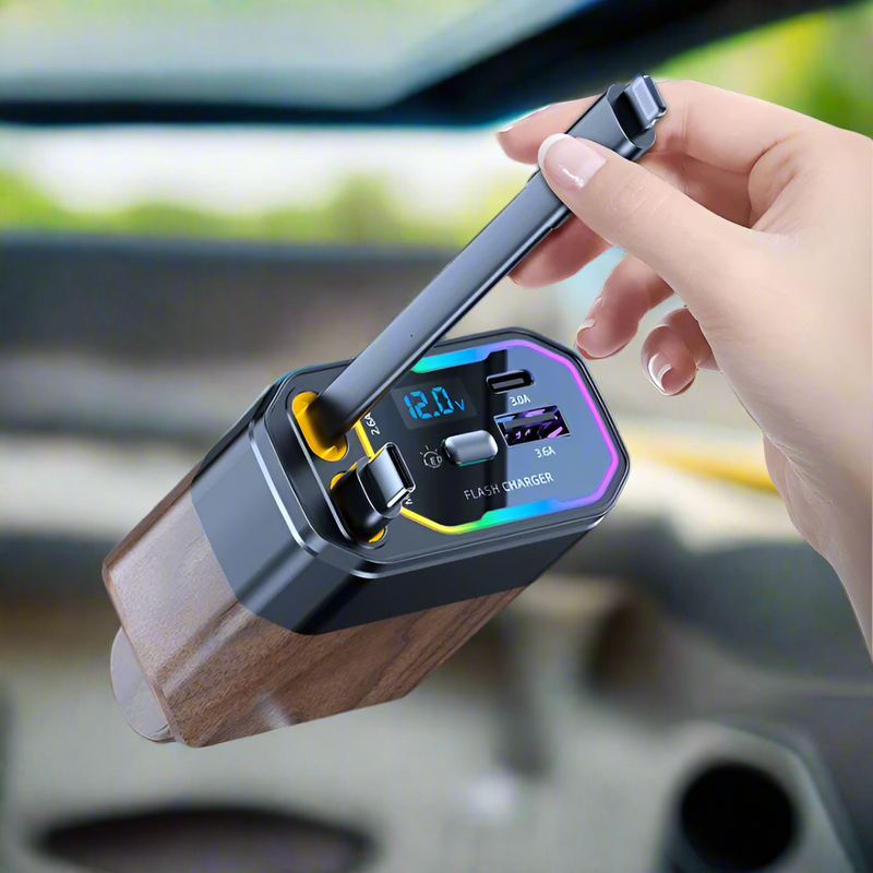 120W 4-in-1 Retractable Car Charger with USB-C & Cigarette Lighter Adapter – Vega