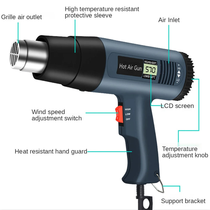 2000W Industrial Electric Heat Gun with Digital LCD Display Adjustable Temp – ProTherm
