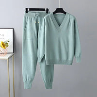 Women's Two-Piece Knit Set with V-Neck Sweater & Trousers – Noelia