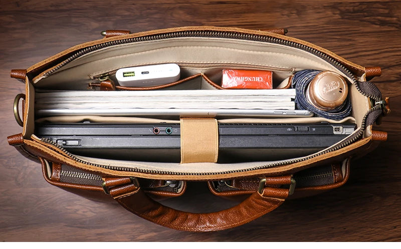 Genuine Leather Executive Laptop Briefcase with Shoulder Strap