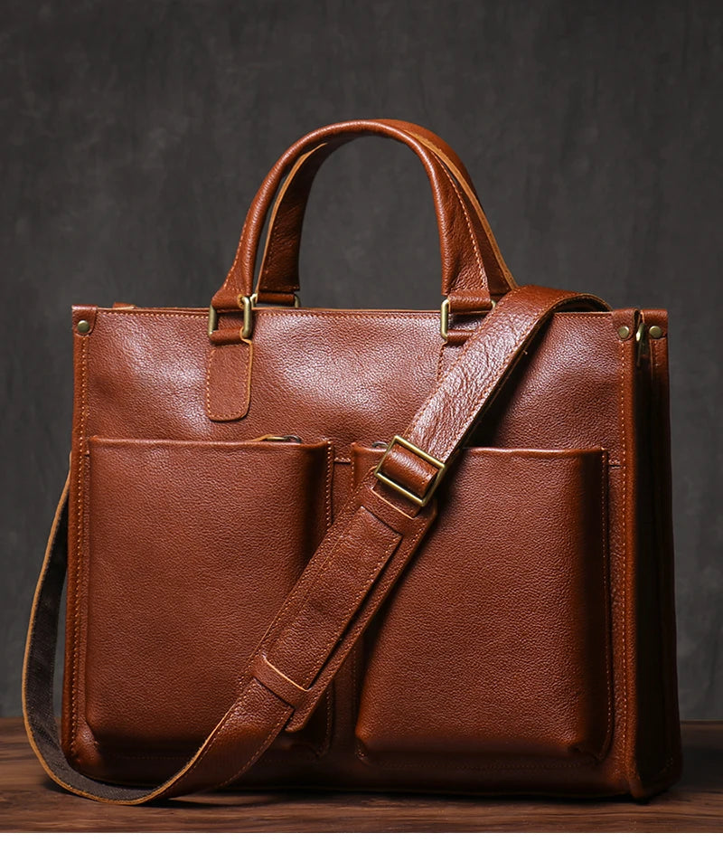 Genuine Leather Executive Laptop Briefcase with Shoulder Strap