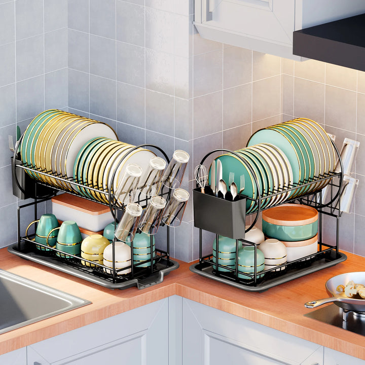 2-Tier Dish Drying Rack with Drainboard & Cutlery Holder – Aria