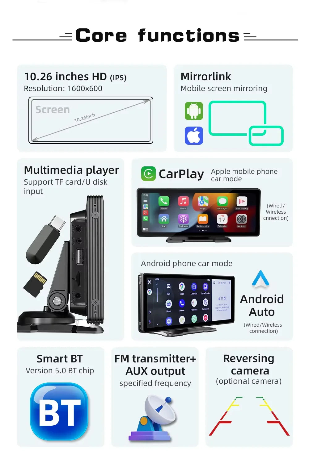 Universal 10.26-Inch (26.06cm) Car Multimedia Player with Wireless CarPlay and Android Auto