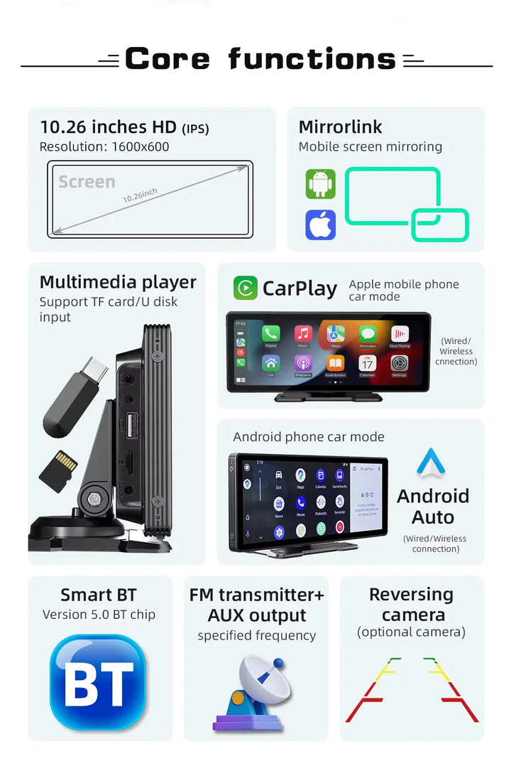 Universal 10.26-Inch (26.06cm) Car Multimedia Player with Wireless CarPlay and Android Auto
