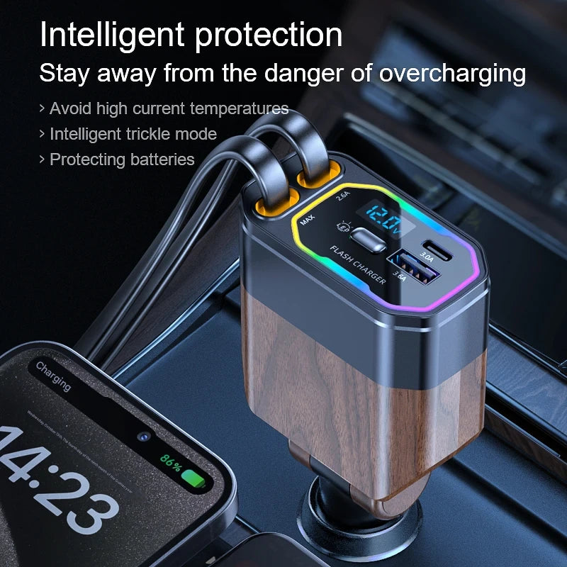 120W 4-in-1 Retractable Car Charger with USB-C & Cigarette Lighter Adapter – Vega