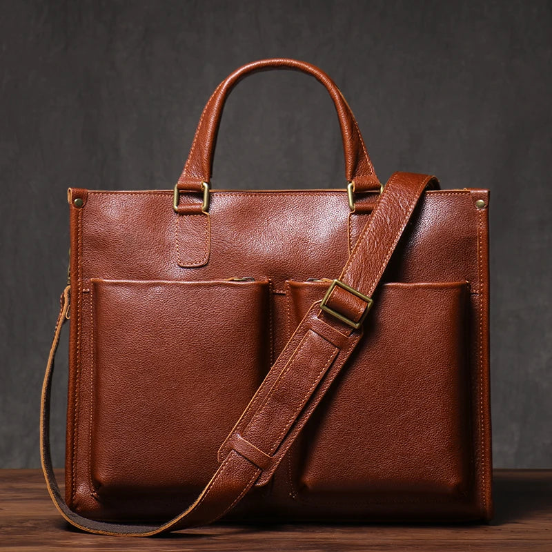 Genuine Leather Executive Laptop Briefcase with Shoulder Strap