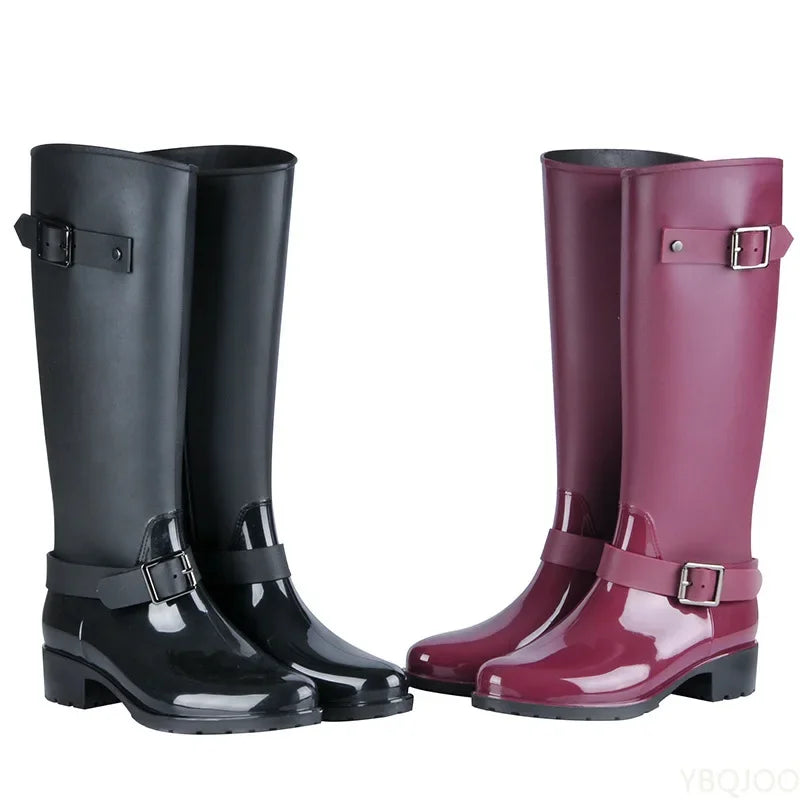 Women's waterproof knee-high rain boots with buckles & block heels – Elenya