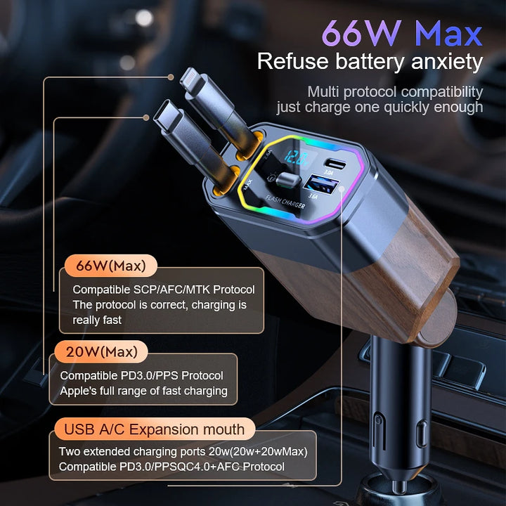120W 4-in-1 Retractable Car Charger with USB-C & Cigarette Lighter Adapter – Vega