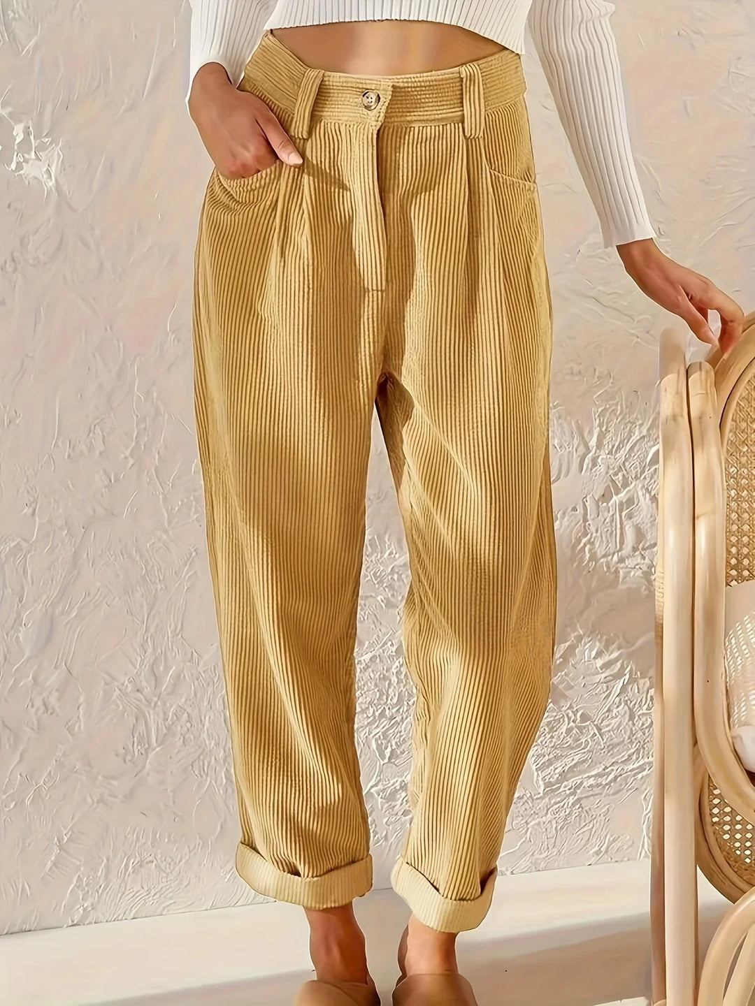 Ladies' corduroy trousers with a high waist and straight cut – Elvira