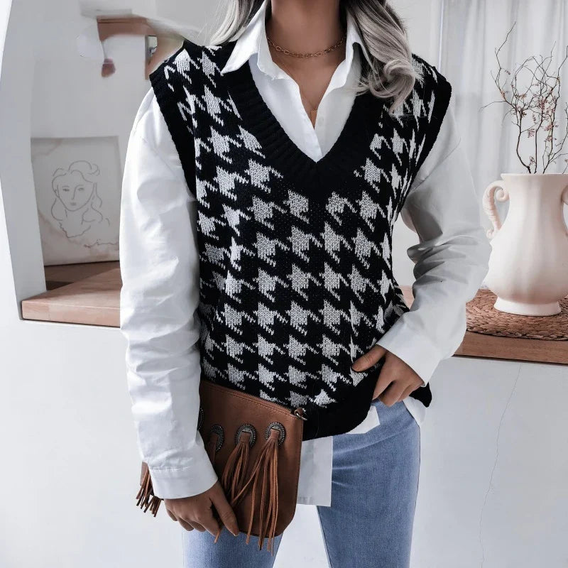 Ladies Checked Knitted Waistcoat Top - Yara
