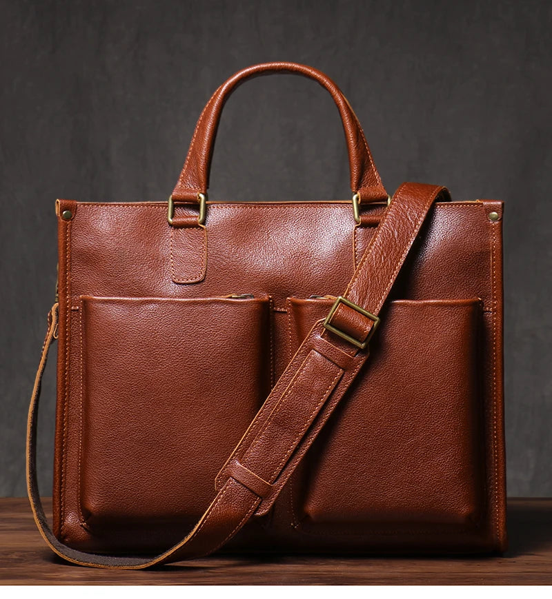 Genuine Leather Executive Laptop Briefcase with Shoulder Strap