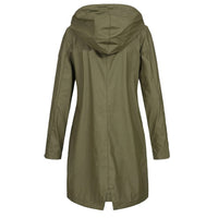 Ladies' long autumn coat with high collar & button tab – Leandra