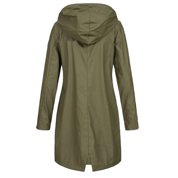 Ladies' long autumn coat with high collar & button tab – Leandra