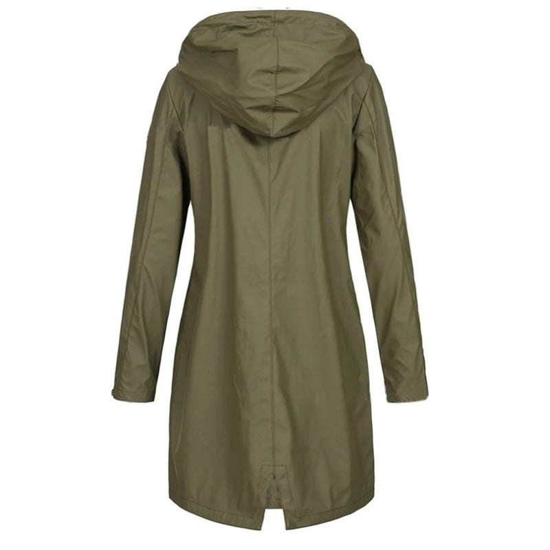 Ladies' long autumn coat with high collar & button tab – Leandra