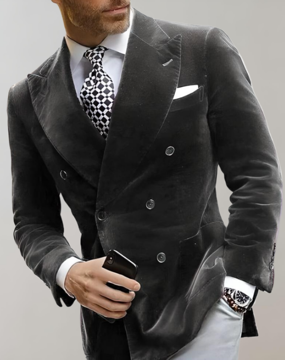 AA OUT OF STOCK Velvet Men's Blazer with Double Breasted Buttons - Elliot-XS-Grey-State of Style