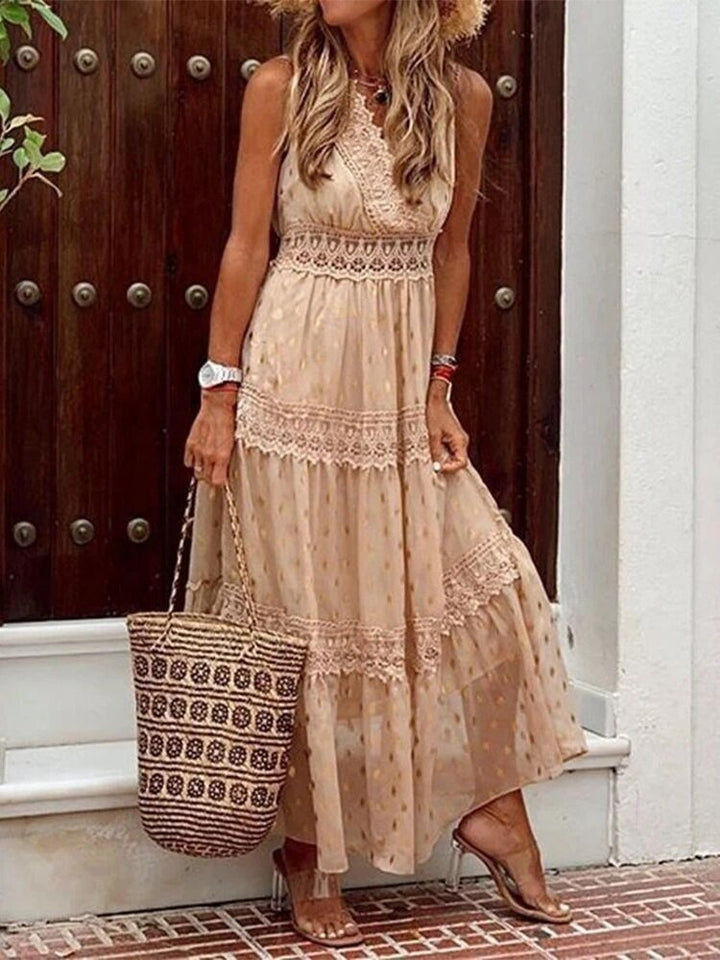 Airy Boho summer dress in Ibiza style with V-neck - Niva-Beige-S-State of Style