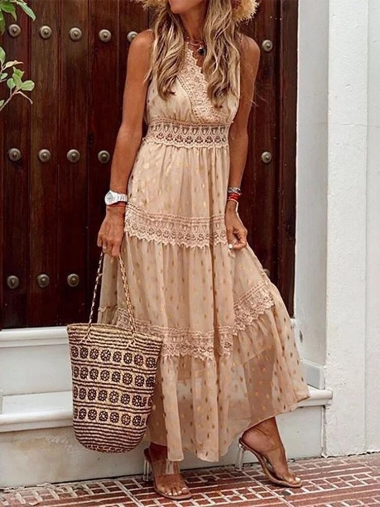 Airy Boho summer dress in Ibiza style with V-neck - Niva-Beige-S-State of Style