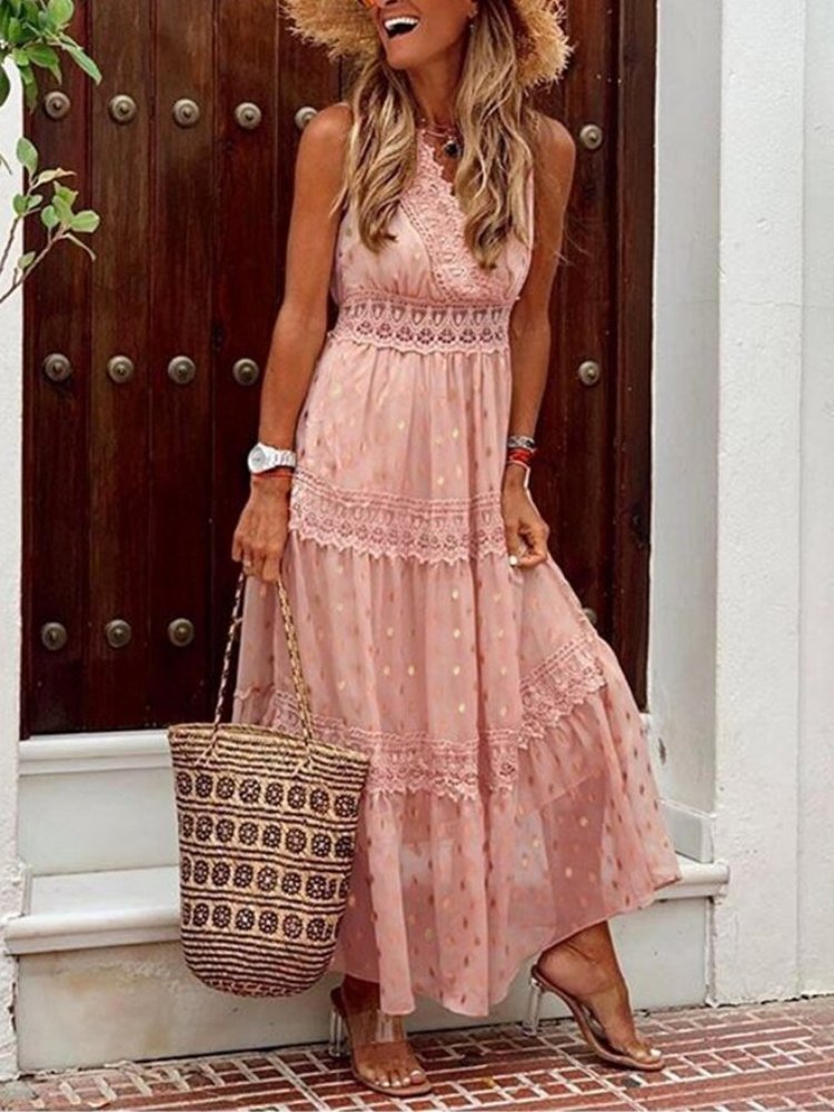 Airy Boho summer dress in Ibiza style with V-neck - Niva-Pink-S-State of Style