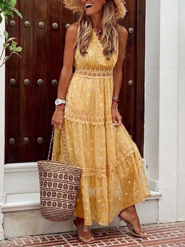 Airy Boho summer dress in Ibiza style with V-neck - Niva-Yellow-S-State of Style