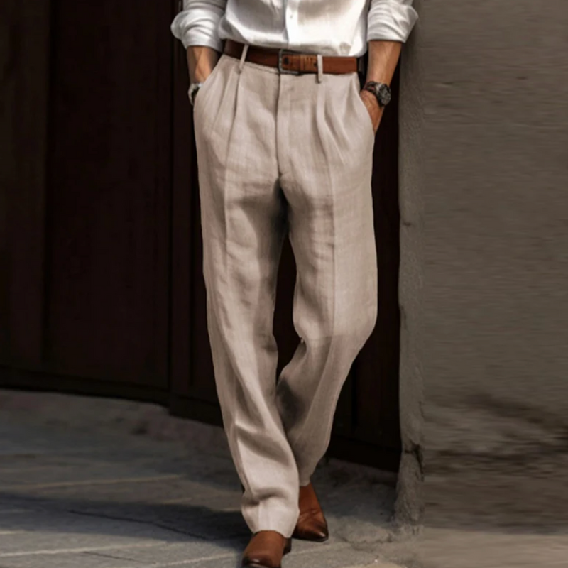 Airy linen trousers for men with a relaxed fit and summer comfort – Maro-Beige-S-State of Style