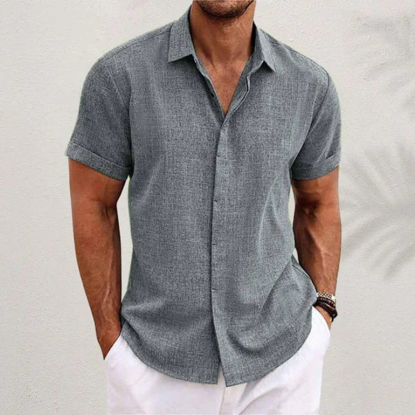 Airy men's linen shirt with short sleeves – Matteo-Gray-S-State of Style
