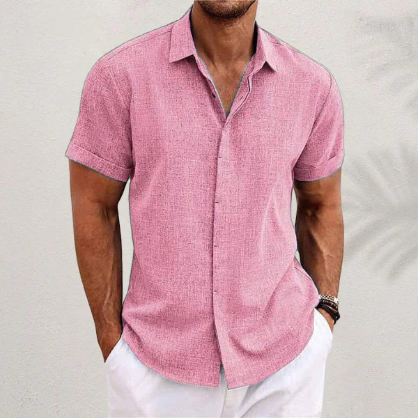 Airy men's linen shirt with short sleeves – Matteo-Pink-S-State of Style