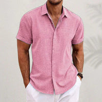 Airy men's linen shirt with short sleeves – Matteo-Pink-S-State of Style