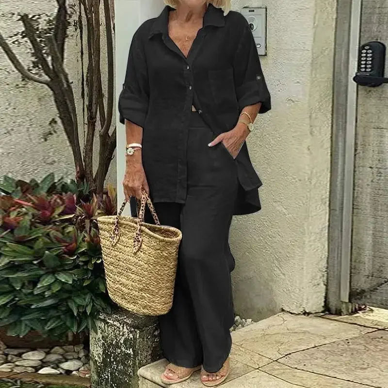 Airy & Stylish Oversized Linen Combo with Blouse and Trousers for Women – Amaris-Black-S-State of Style